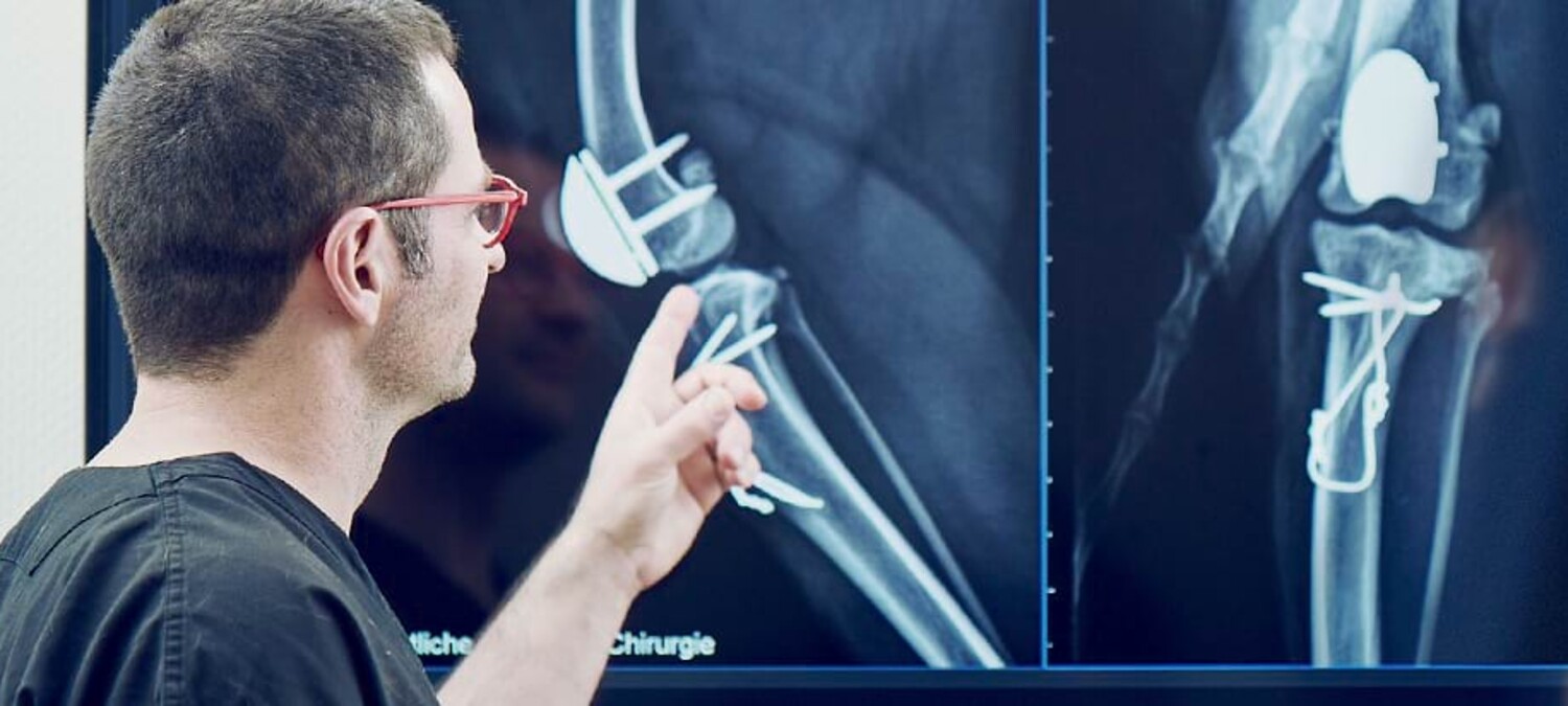 Dr. Oliver Lautersack zeigt auf eine gro&szlig;e R&ouml;ntgenaufnahme.