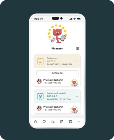 Impression des Reiters Finanzen in der petsXL App.