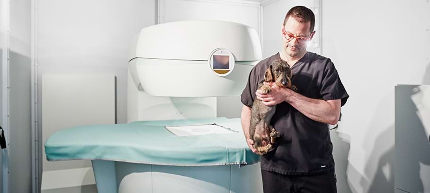 Dr. Lautersack mit einem Rauhaardackel auf dem Arm bei einer neurologischen Untersuchung in der Kleintierklinik Ettlingen bei Karlsruhe