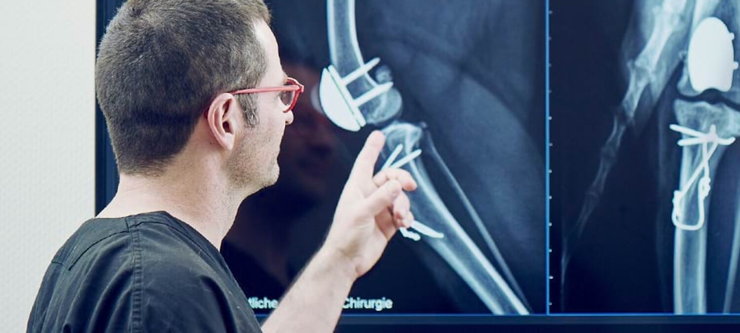 Orthop&auml;dische Diagnostik in der Kleintierklinik Ettlingen. Dr. Lautersack interpretiert ein R&ouml;ntgenbild.