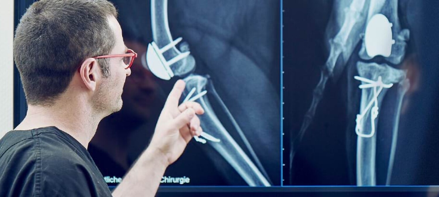 Dr. Oliver Lautersack zeigt auf eine gro&szlig;e R&ouml;ntgenaufnahme.